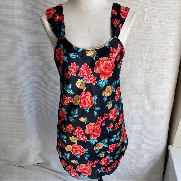 Vintage S M Floral Print Satin Slip Dress Chemise - Picture 6 of 8